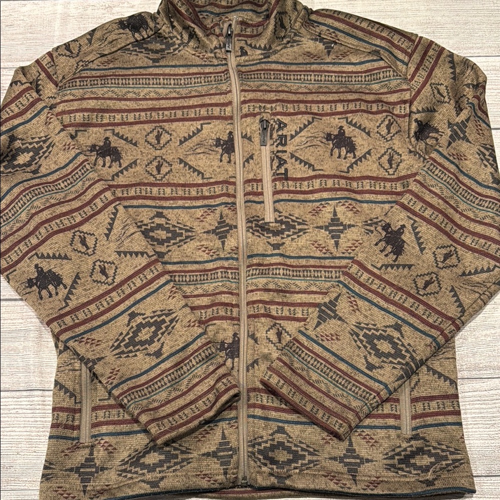 Men's Ariat Caldwell Western Print Full Zip Sweater size M brown